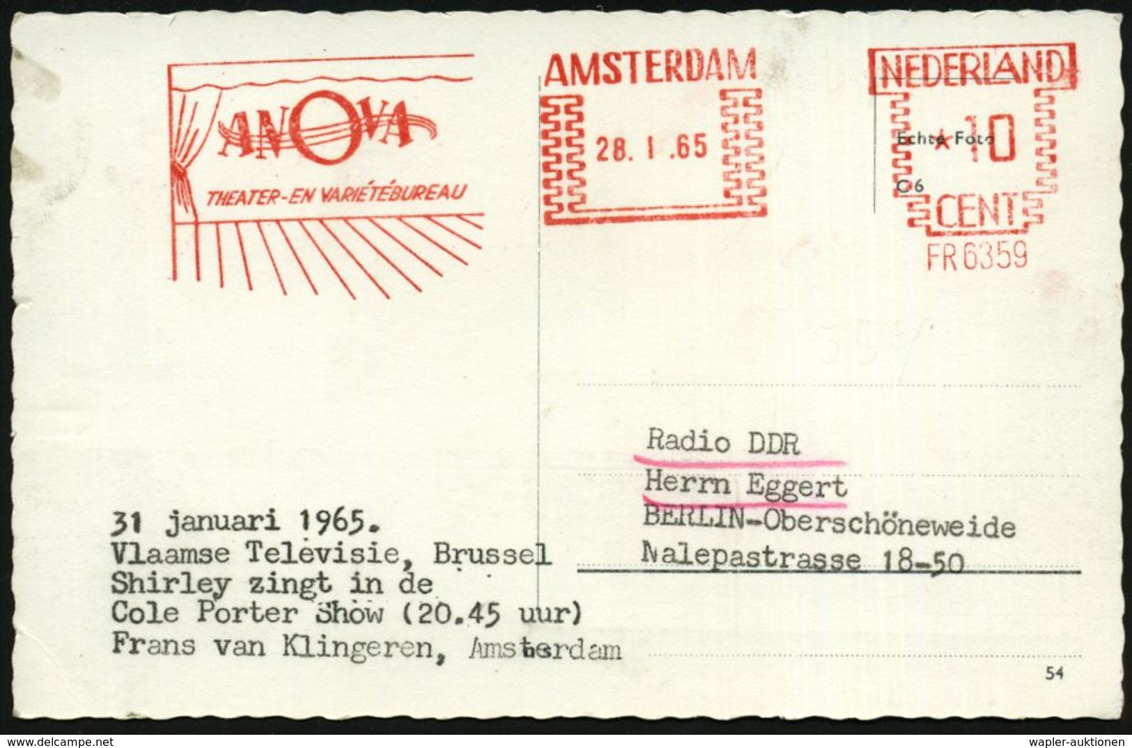 NIEDERLANDE 1965 (28.1.) AFS.: AMSTERDAM/FR 6359/ANOVA/THEATER-EN VARIETEBUREAU (Bühne) Bedarfs-Ausl.-Ak. "Cole Porter S - Circus