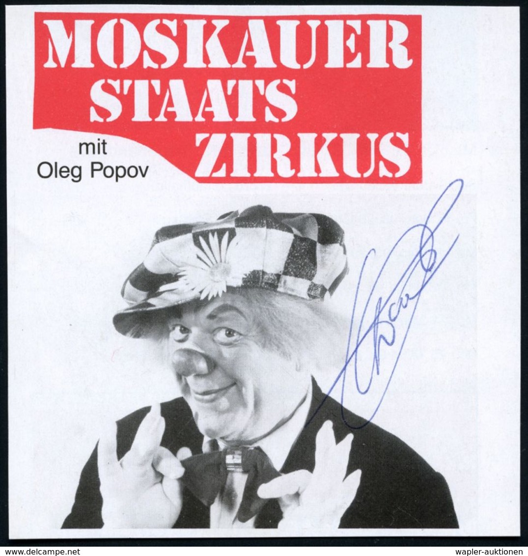 UdSSR 1980 (ca.) Kleine S/w.-Portrait-Fotokarte "Moskauer Staatszirkus" Mit Oleg Popov + Orig. Signatur "Oleg Popov" (19 - Cirque