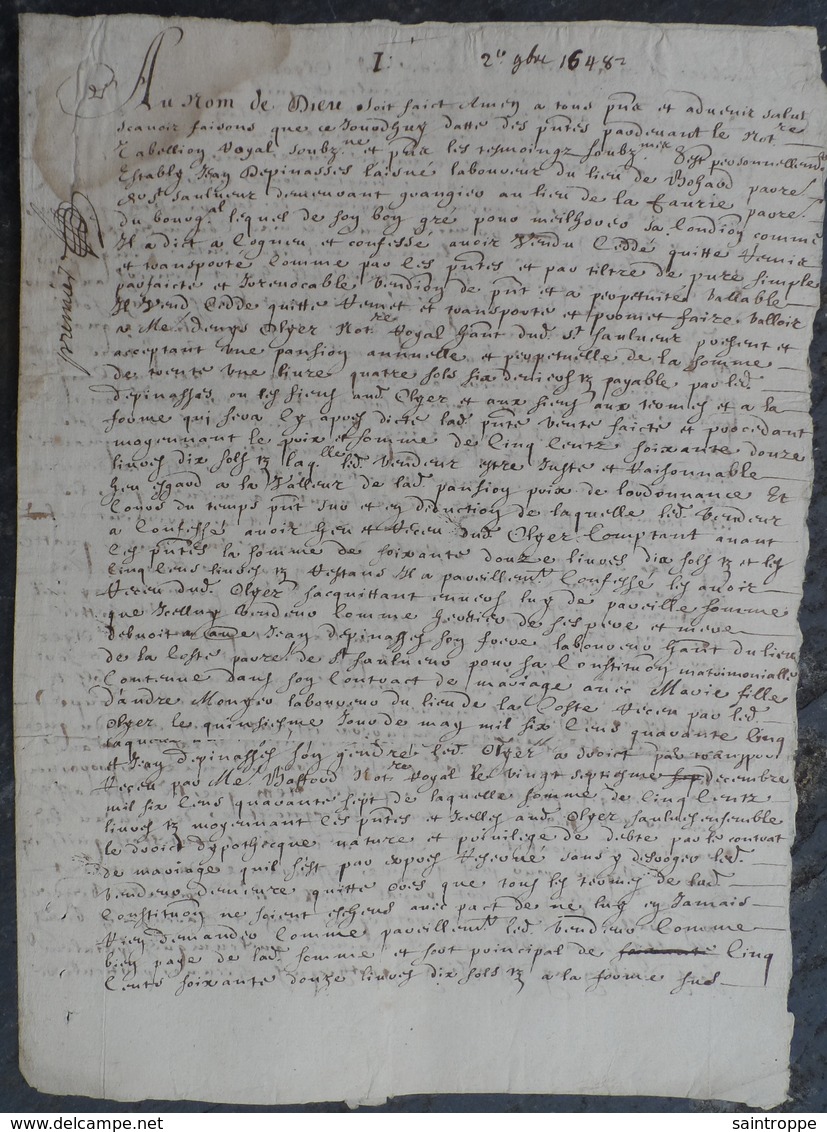 Manuscrit De 1648.Belle Calligraphie A Déchiffrer.Bourg-Argental. - Manuscrits