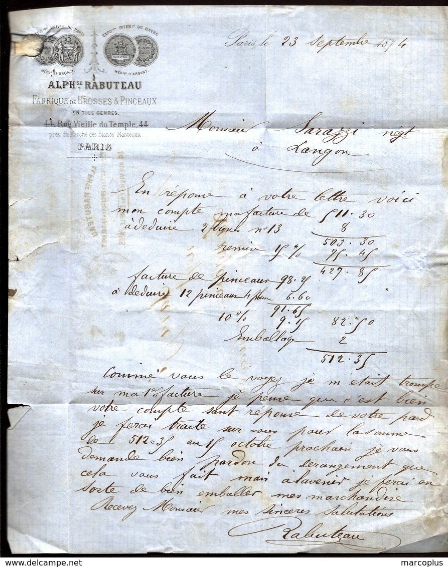 CP9- 26-  LETTRE CLASSIQUE CÉRÈS N°60A - OBLITÉRATION ÉTOILE N°17 (TRONQUÉE ?)- CAD PARIS R.DU PONT-NEUF 1874- 3 SCANS - 1849-1876: Période Classique