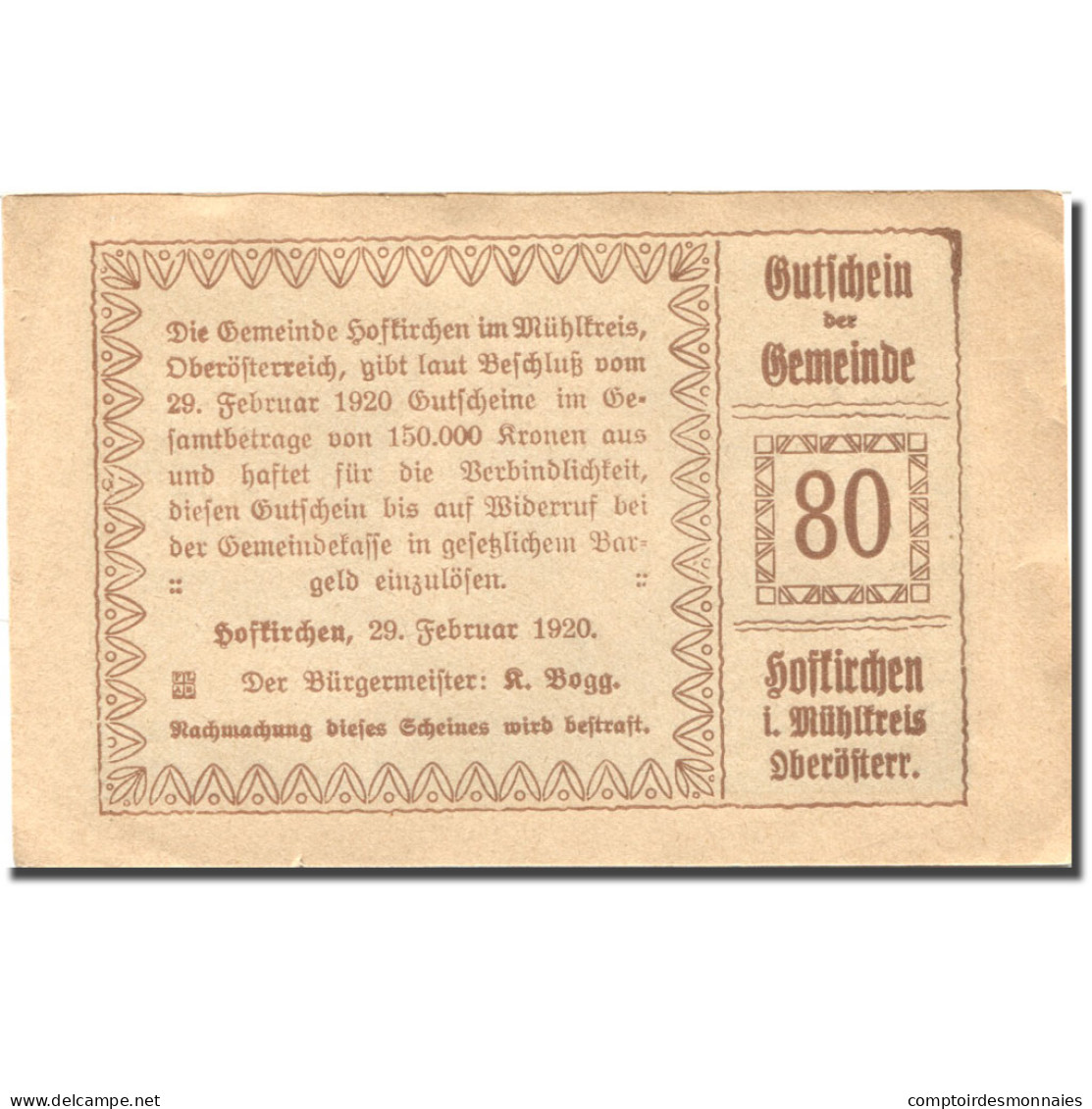 Billet, Autriche, Hofkirchen, 80 Heller, Château, 1920 SUP Mehl:FS 386Ia1 - Austria