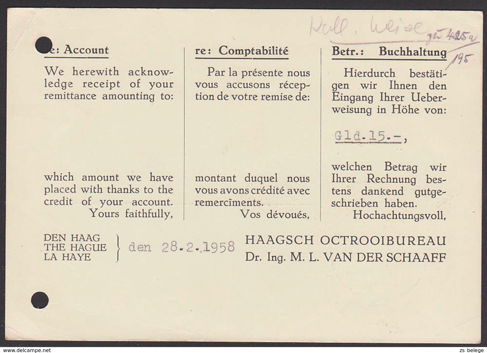 Nederland DDR ZKD, Card Den Haag An ZKD-Adresse Berlin O17 ZKD 138, Aufkleber "Diese Postsendung Ist Keine ..." 1958 - Other & Unclassified