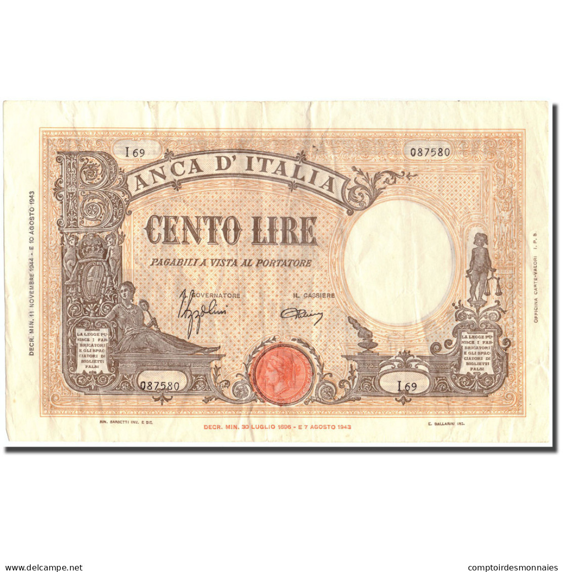 Billet, Italie, 100 Lire, 1944, 1944-11-11, KM:67a, TTB - 100 Lire