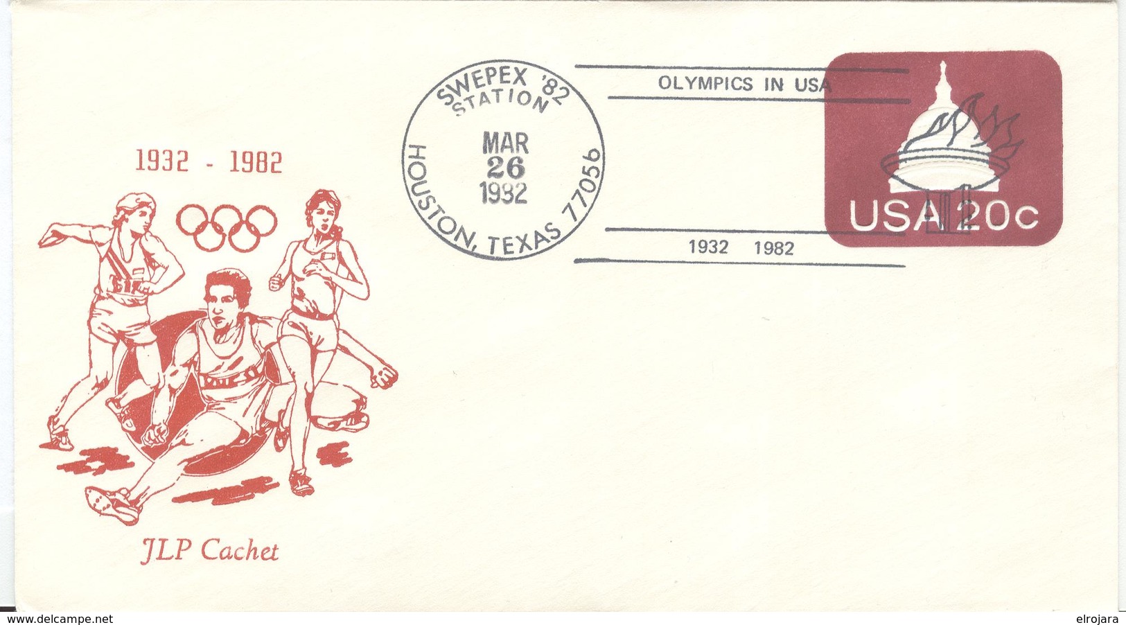 USA Olympic JLP Stationery Cover With Discus And Cancel 1932 1982 Olympics In USA SWEPEX 82 Station Houston - Summer 1932: Los Angeles