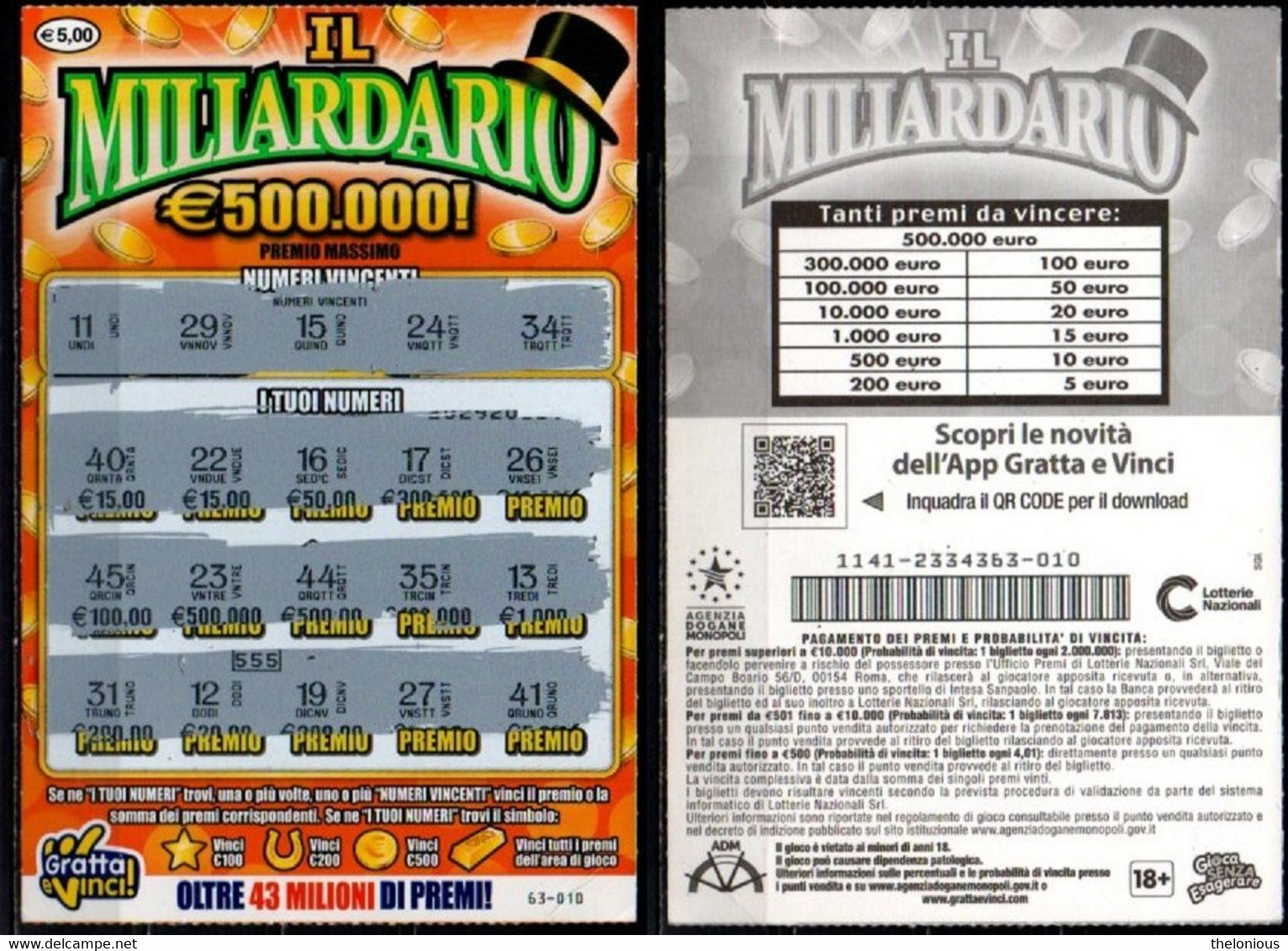 # Gratta E Vinci Da € 5,00 - IL MILIARDARIO - Biglietti Della Lotteria