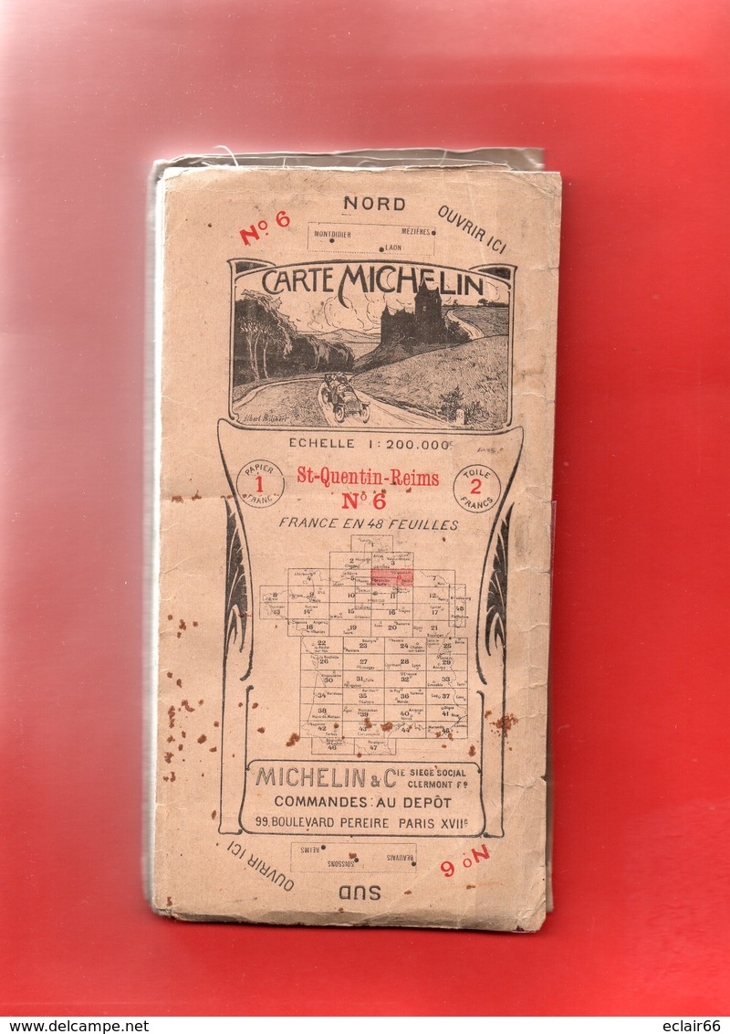 CARTE MICHELIN De LA FRANCE. N° 6. Saint-Quentin-Reims Du Nord Au Sud Toilée. 1914-1918 VOIR SCANNES - Cartes Routières