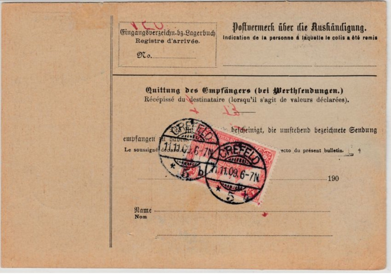 DR - 1 M. Reichspostamt U.a., Paketkarte I.d. SCHWEIZ, Crefeld 5 - Biel 1909 - Briefe U. Dokumente