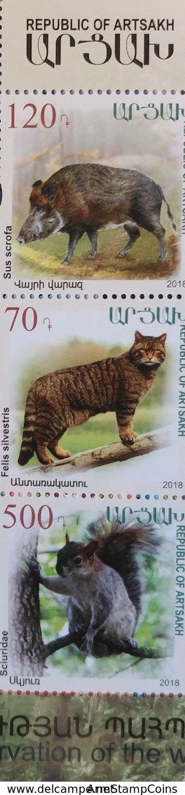 Artsakh - Armenia - Nagorno Karabakh 2018 Flora Fauna Wildlife Animals Boat Wildcat Squirrel 3 Setenant Stamps MNH** - Armenia