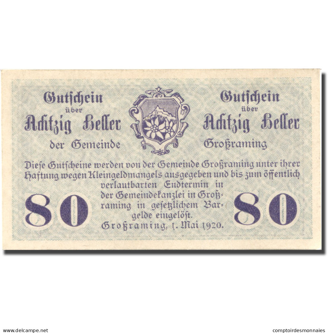 Billet, Autriche, Grossraming, 80 Heller, Ferme 1920-05-01, SPL Mehl:FS 296 - Autriche