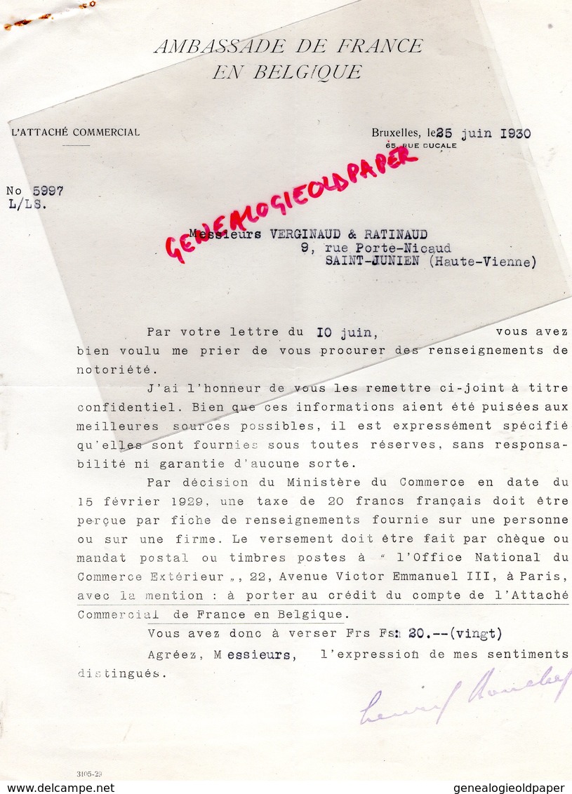 87- ST SAINT JUNIEN-BRUXELLES-RARE LETTRE AMBASSADE FRANCE GANTERIE ALFRED PENET PAQUET-ANVERS-VERGNIAUD RATINAUD 1930 - Petits Métiers