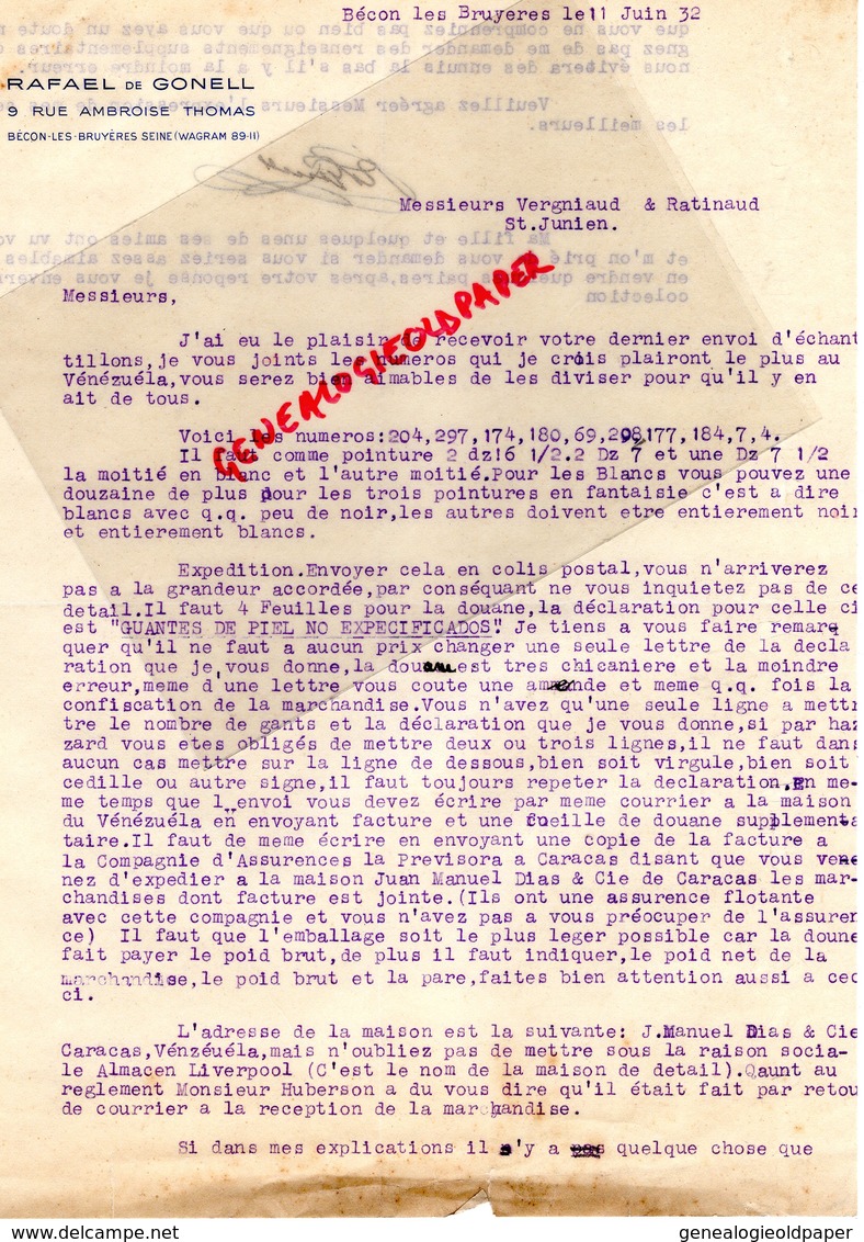 87-ST SAINT JUNIEN-92-BECON LES BRUYERES- RARE LETTRE RAFAEL DE GONELL- VENEZUELA-GANTERIE VERGNIAUD RATINAUD 1930 - Petits Métiers