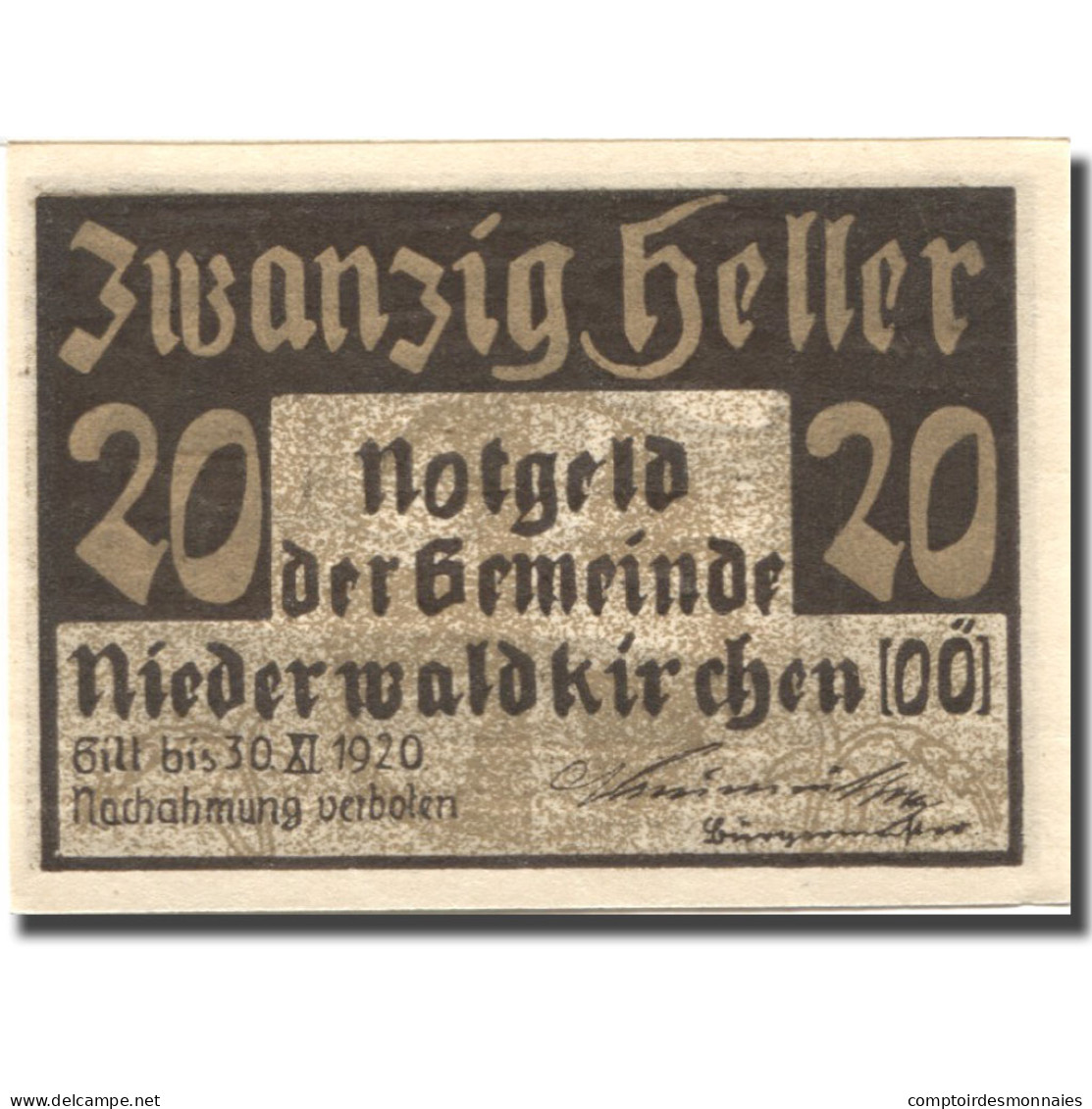 Billet, Autriche, Niederwaldkirchen, 20 Heller, Château, 1920 SPL Mehl:FS 673a - Autriche