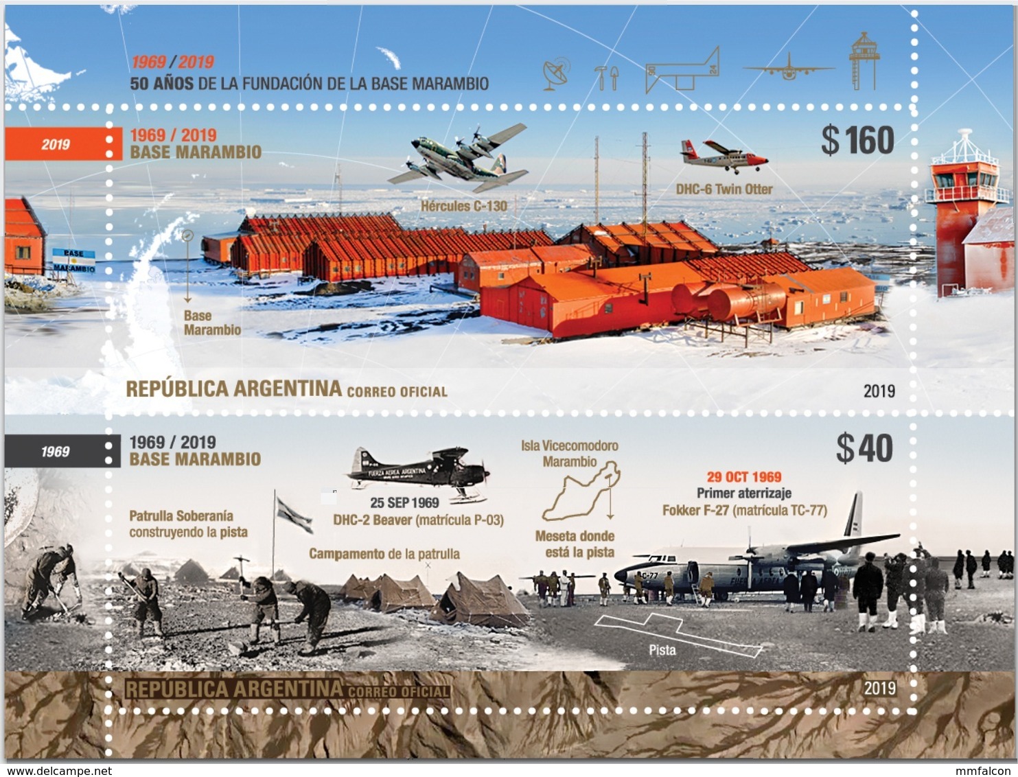 Argentine Antártida Commemorative Stamps 50 Old Years Base Antartica Marambio Airplane Avions Mini HB// Em 29 Abril 2019 - Otros & Sin Clasificación