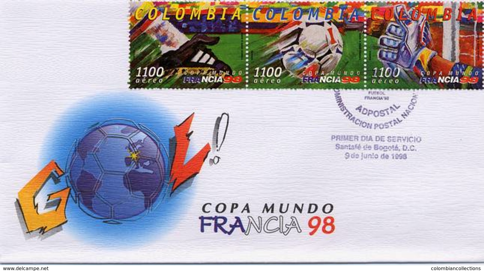 Lote 2103-5F, Colombia, 1998, SPD - FDC, Copa Mundial Francia 98, FIFA, Soccer, Foorball, Futbol, France - Colombia