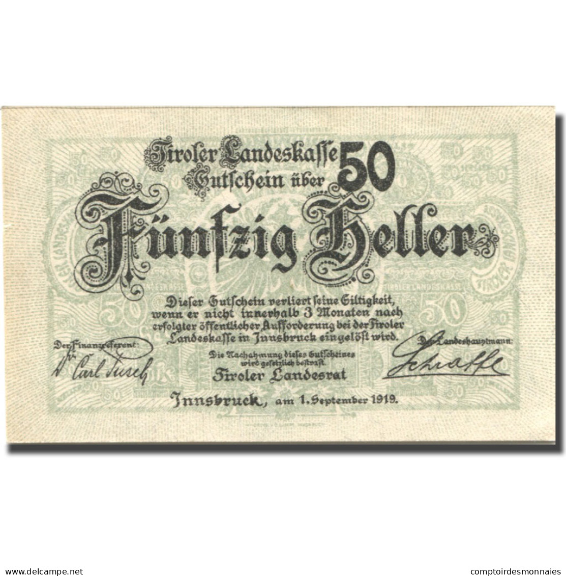 Billet, Autriche, Innsbruck, 50 Heller, Blason 1919-09-01 SUP Mehl:FS 1073I - Autriche