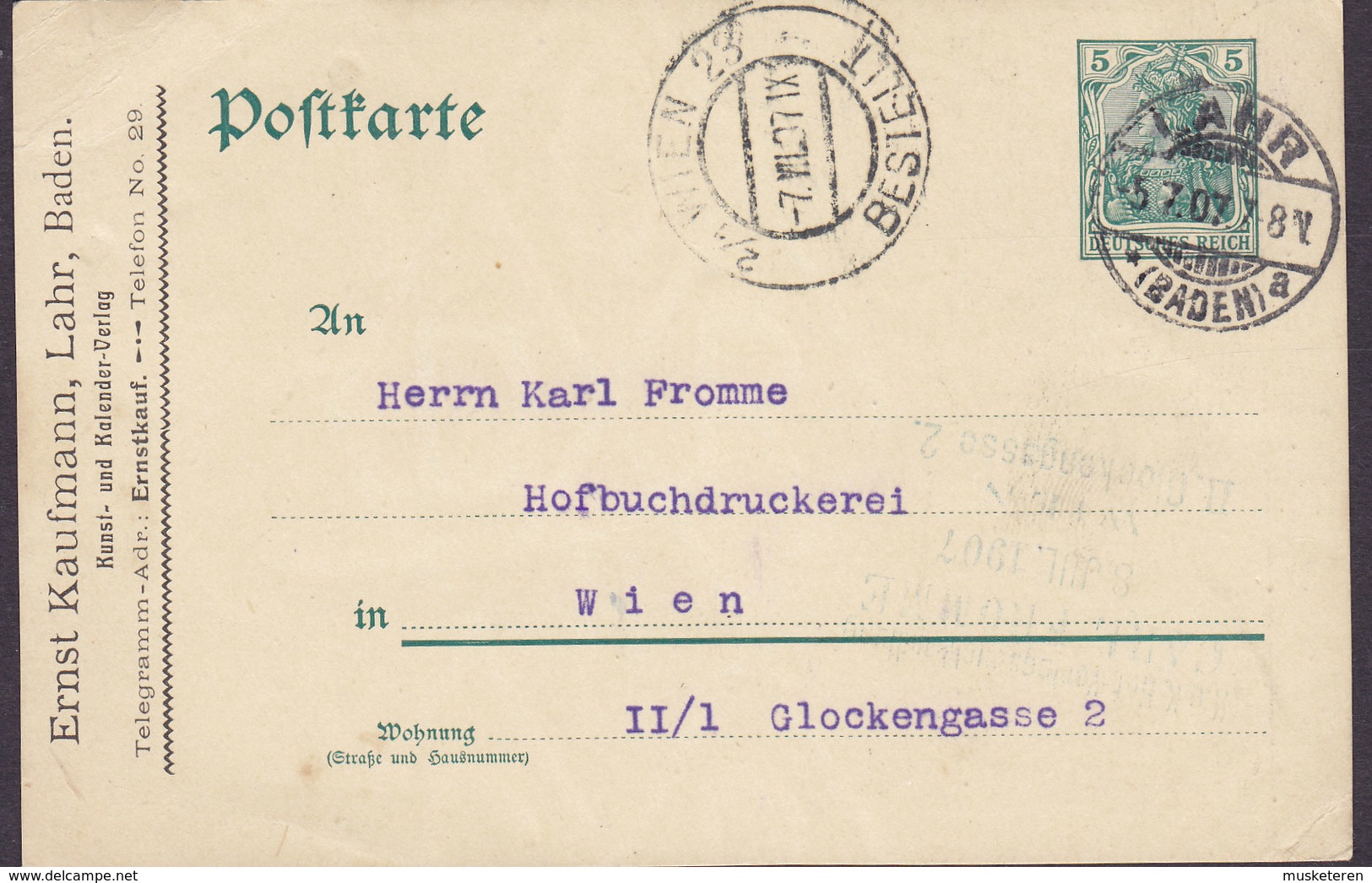 Deutsches Reich Postal Stationery Ganzsache PRIVATE Print ERNST KAUFFMANN, LAHR, BADEN 1907 WIEN Austria - Postkarten