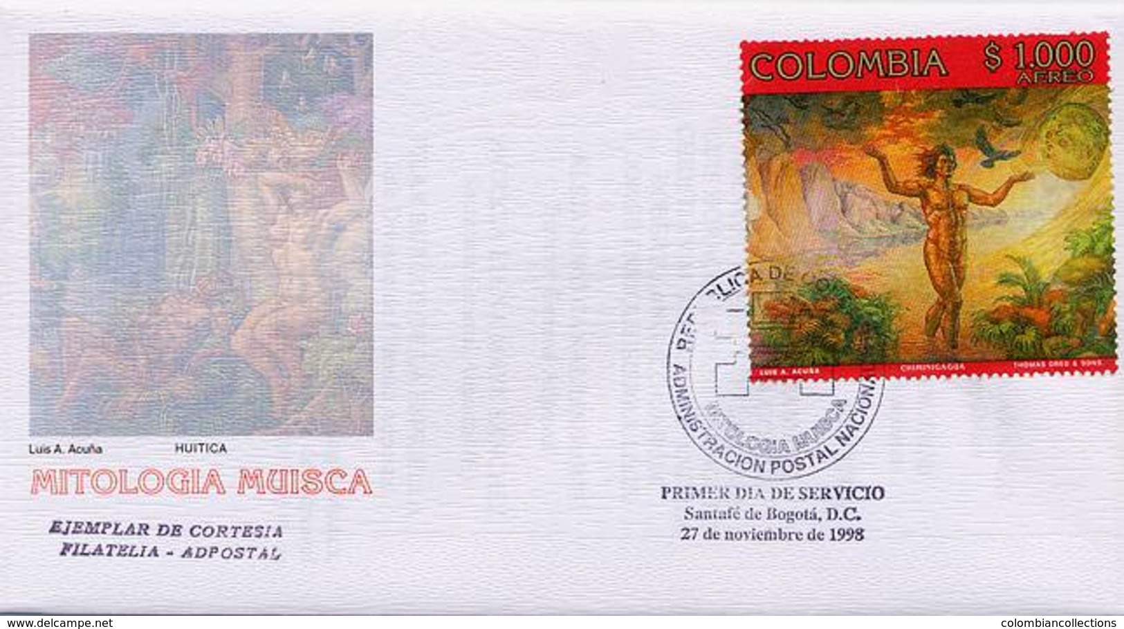 Lote 2110F, Colombia, 1998, SPD - FDC, Mitologia Muisca, Indigenous Myth, Chiminigagua - Colombia
