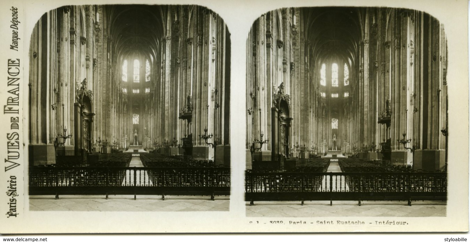 Photo Stéréoscopique PARIS Saint Eustache Intérieur Vues De France Marque Déposée - Photos Stéréoscopiques