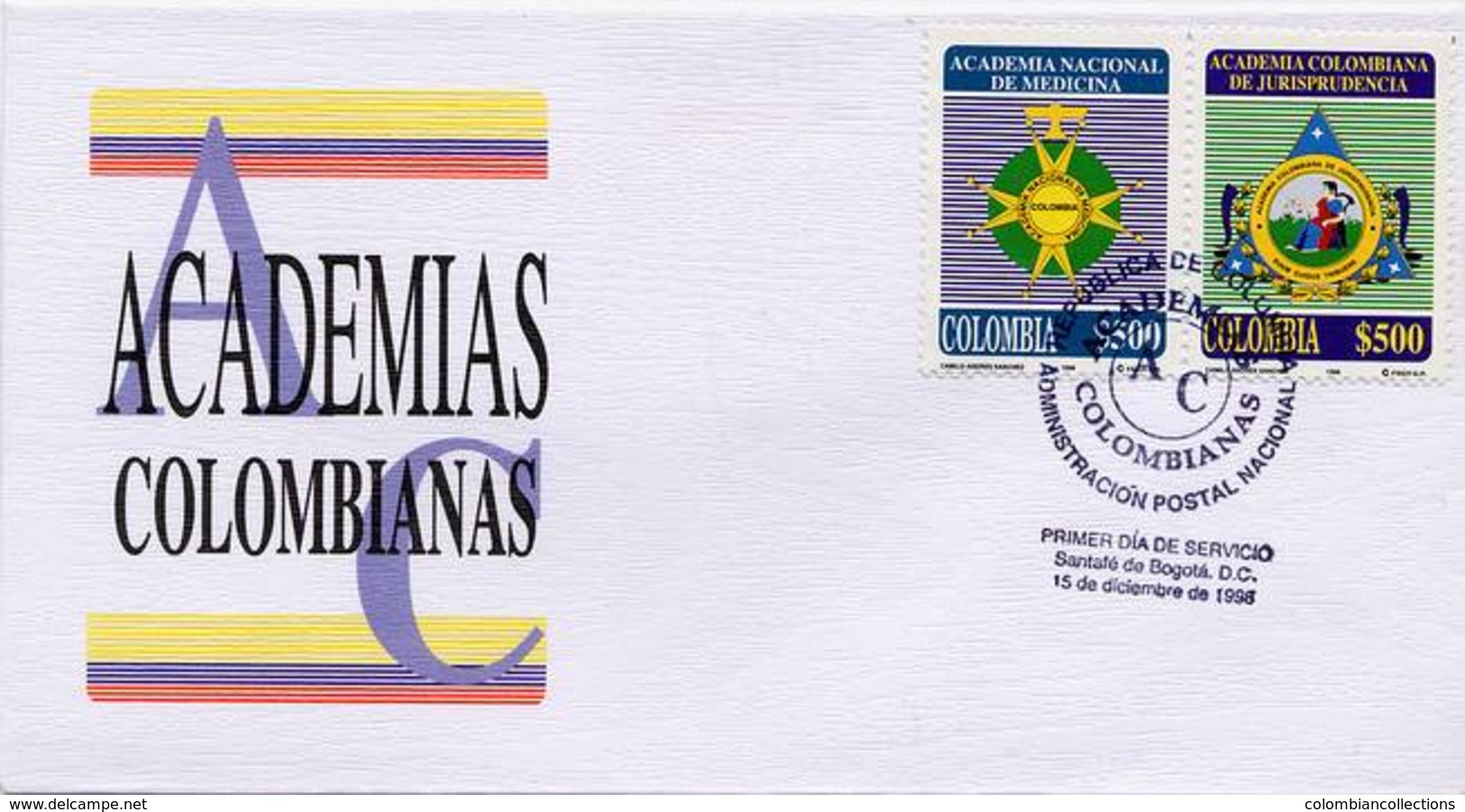 Lote 2113-4F, Colombia, 1998, SPD - FDC, Academias Colombianas, Medicine, Coat Of Arms - Colombia