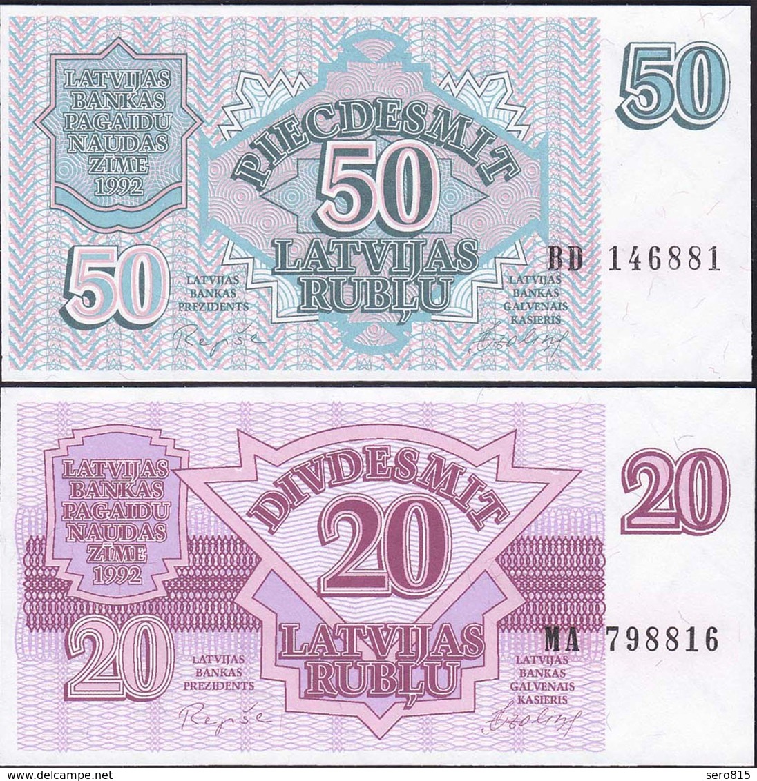 Lettland - Latvia 20 + 50 Rubel Banknoten UNC (1) 1992 Pick 39 + 40   (12971 - Lettland