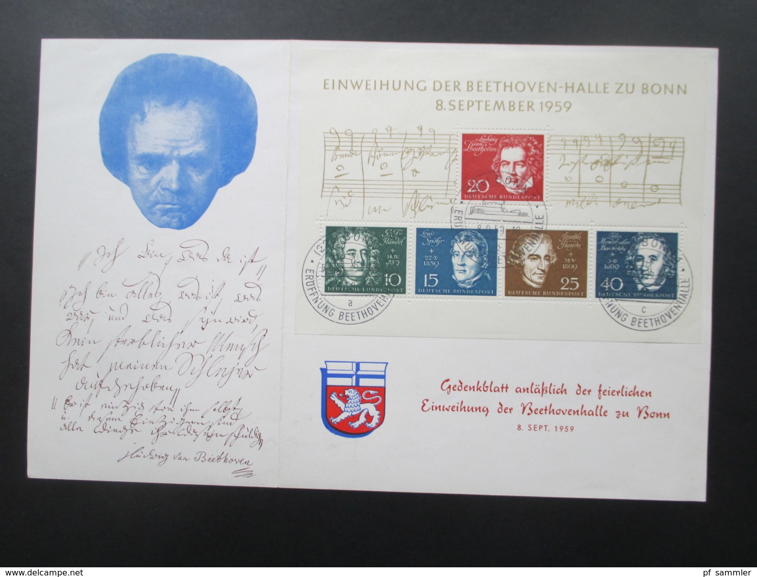 BRD 1959 Gedenkblatt Block 2 Eröffnung / Einweihung Beethoven Halle Bonn Mit SST / Ersttagsstempel - Briefe U. Dokumente