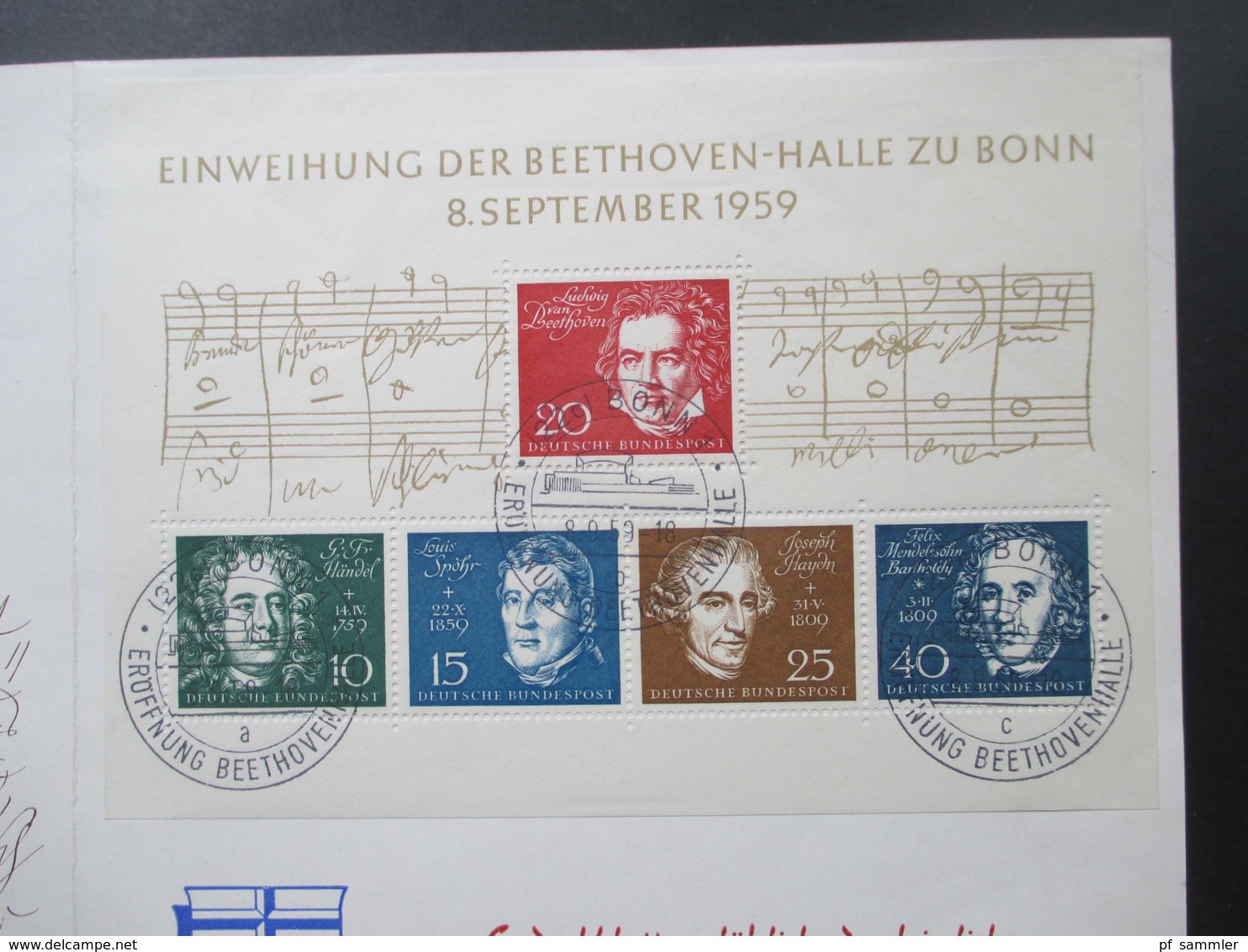 BRD 1959 Gedenkblatt Block 2 Eröffnung / Einweihung Beethoven Halle Bonn Mit SST / Ersttagsstempel - Briefe U. Dokumente