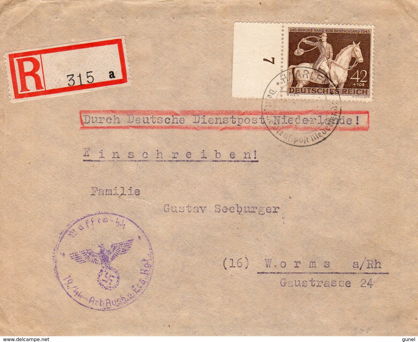 1943 Aangetekende Br DURCH DEUTSCHE DIENSTPOST  Van Haarlem Naar Worms Met BRAUNE BAND-zegel En Stempel Waffen SS - Briefe U. Dokumente