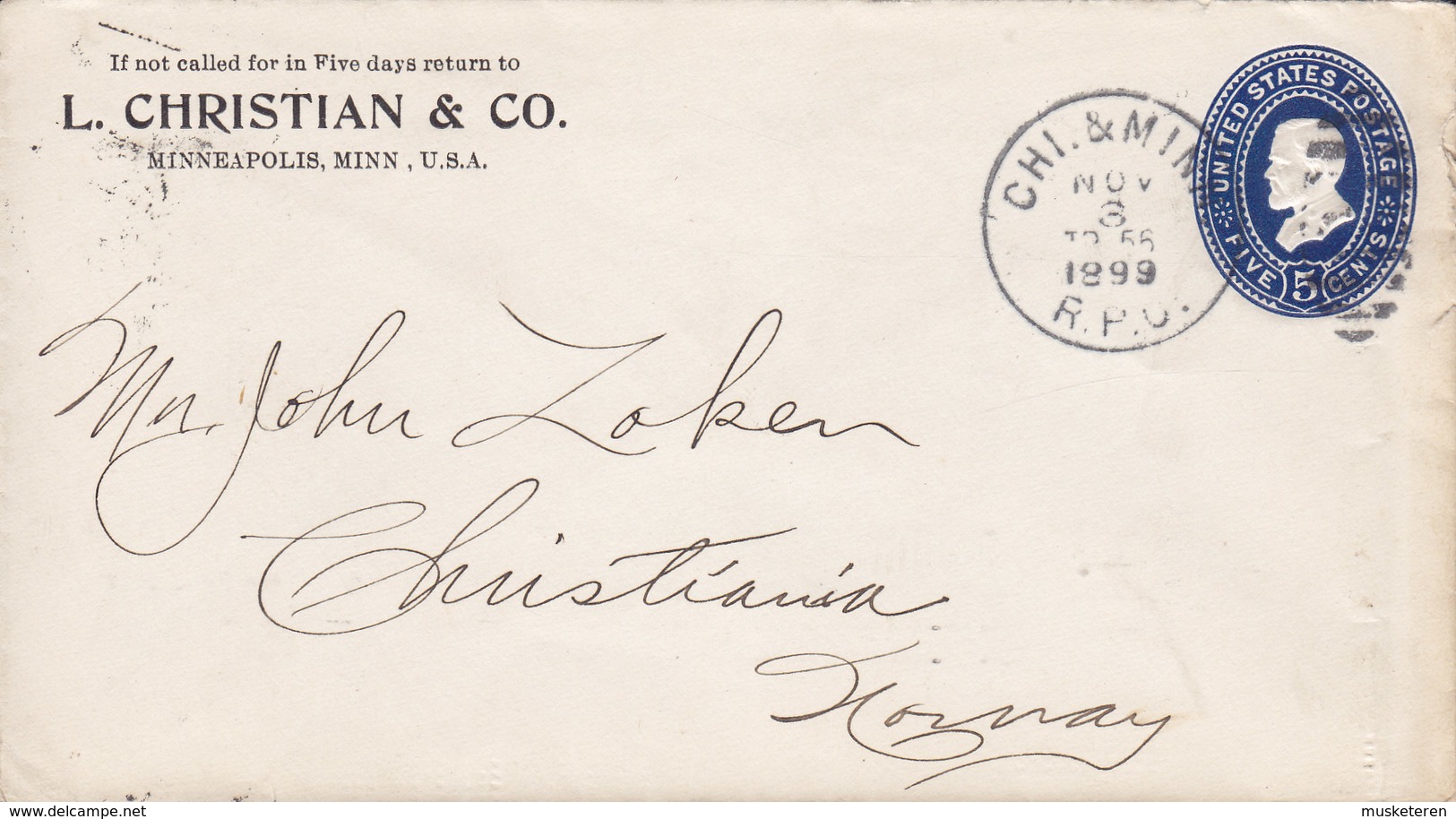 United States Postal Stationery Ganzsache PRIVATE Print L. CHRISTIAN & Co. MINNEAPOLIS 1899 CHRISTIANIA (Arr.) Norway - Cartas & Documentos