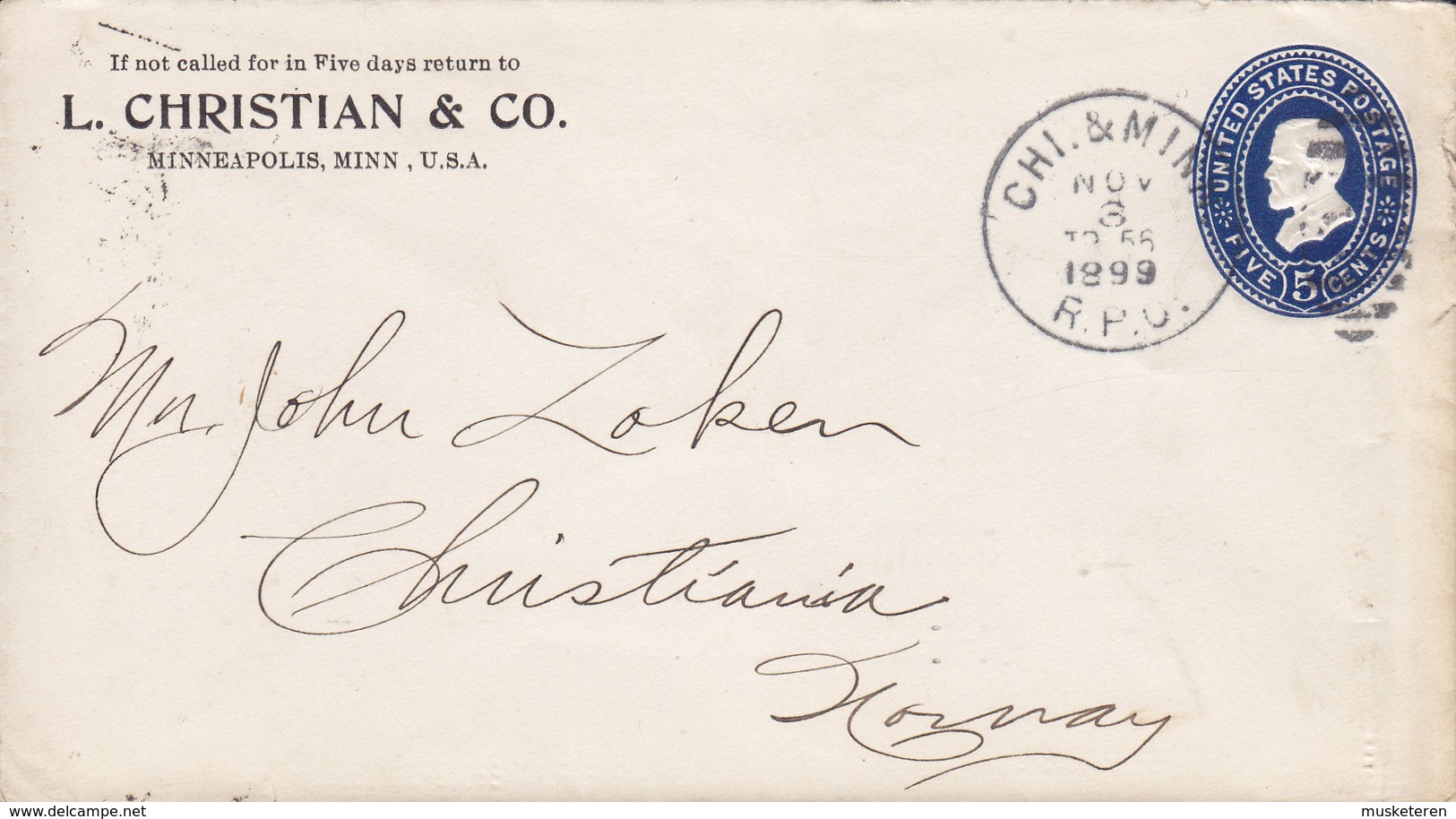 United States Postal Stationery Ganzsache PRIVATE Print L. CHRISTIAN & Co. MINNEAPOLIS 1899 CHRISTIANIA (Arr.) Norway - Lettres & Documents