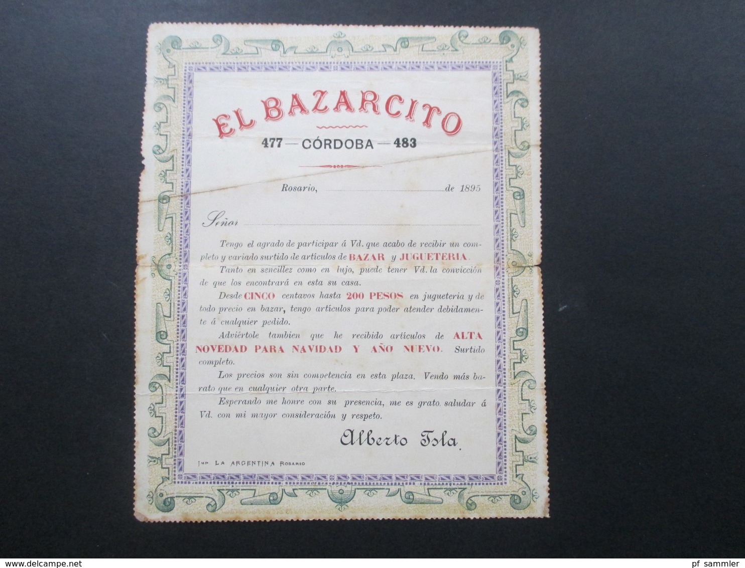 Argentinien 1895 Kartenbrief Innen Mit Werbedruck El Bazarcito Cordoba / Weihnachten Alberto Isla - Briefe U. Dokumente