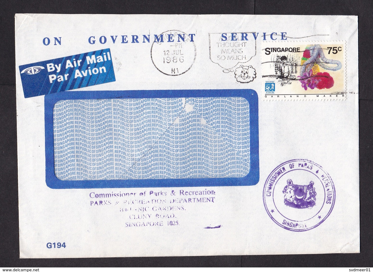 Singapore: Official Cover, 1986, 1 Stamp, Garland Maker, Heritage, Government Service, Air Label (minor Damage) - Singapur (1959-...)