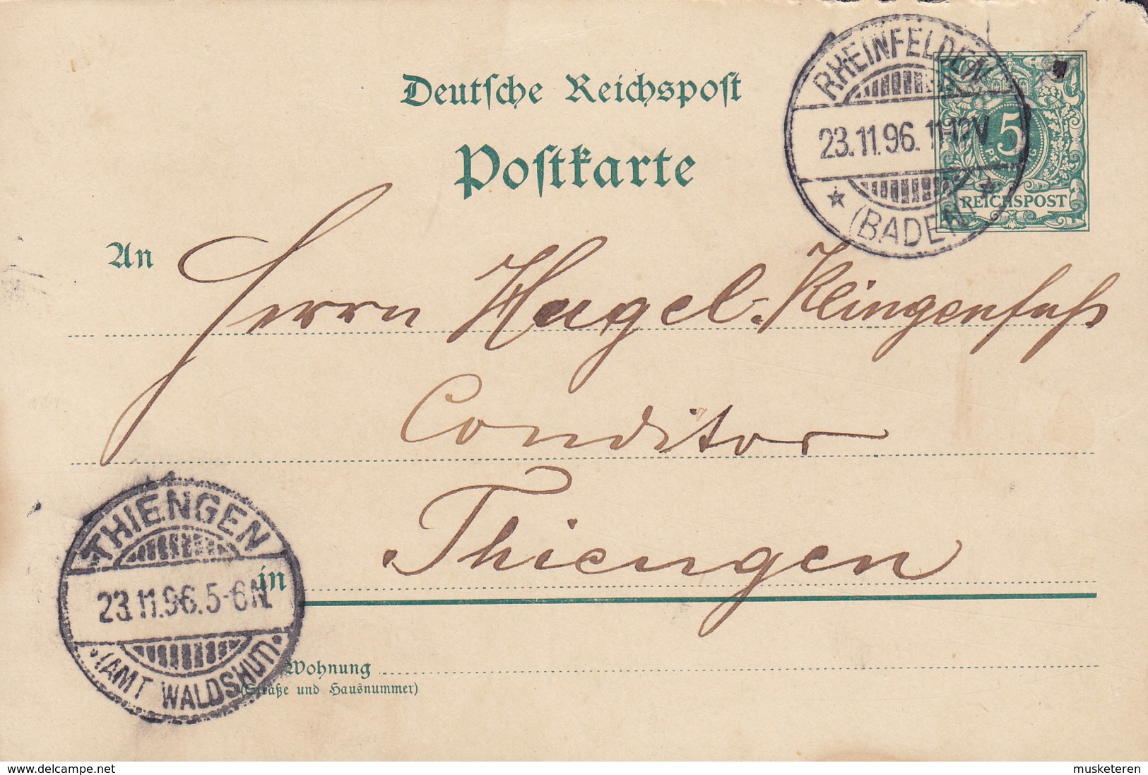 Germany Reichspost Postal Stationery Ganzsache Entier 5 Pf. RHEINFELDEN (Baden) 1896 THIENGEN Waldshut (Arr.) (2 Scans) - Otros & Sin Clasificación