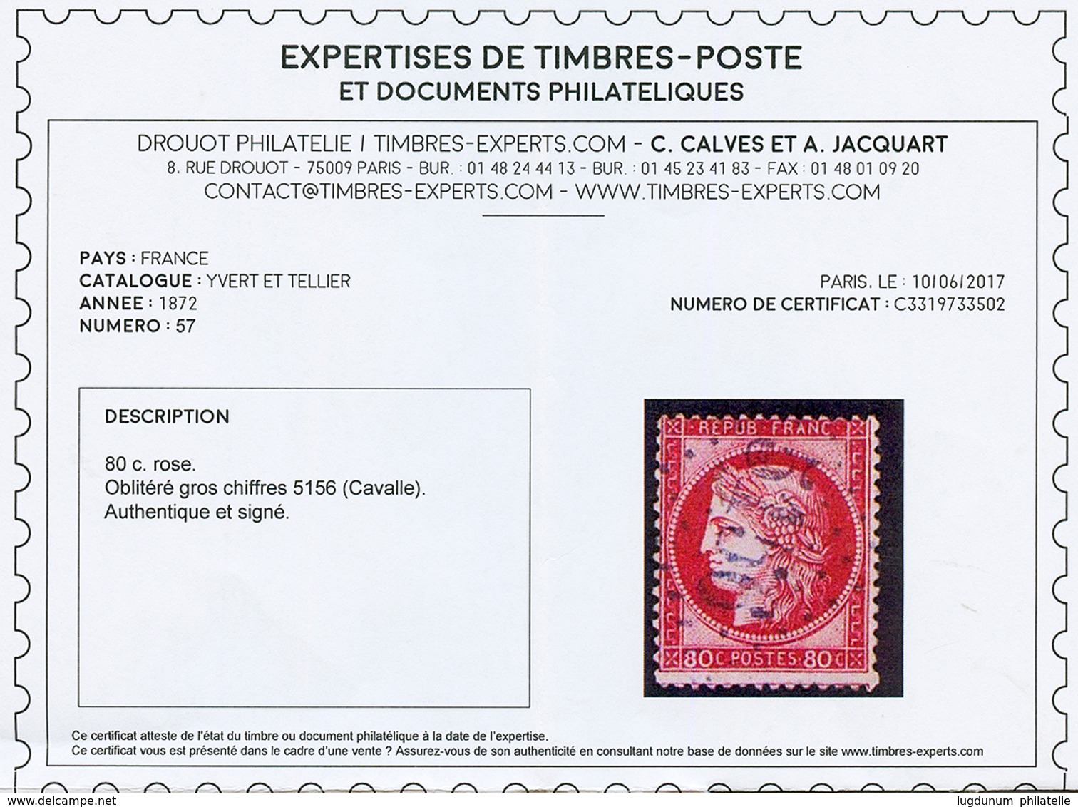 CAVALLE : GC 5156 Sur 80c CERES (n°57) Léger Aminci. Certificat CALVES. RARE. TB. - Autres & Non Classés