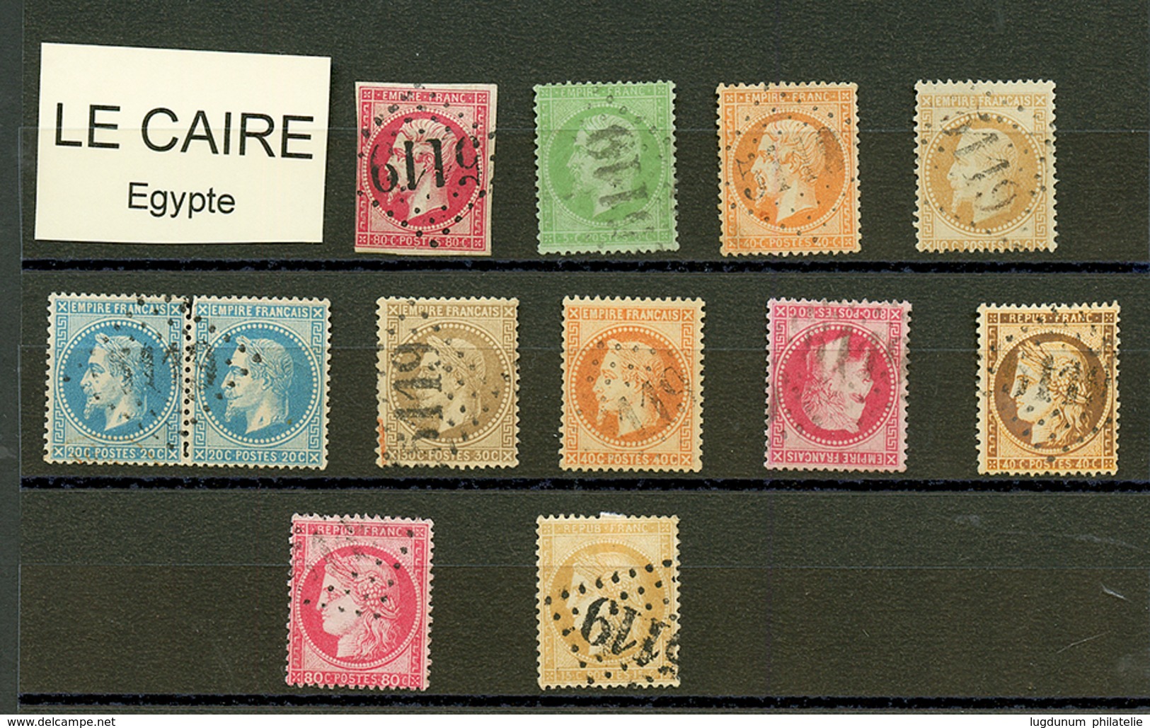 LE CAIRE : GC 5119 Sur 12 Timbres (n°17, 20, 23, 28, Paire 29, 30, 31, 32, 38, 57, 59). TB, B Ou Pd. - Other & Unclassified