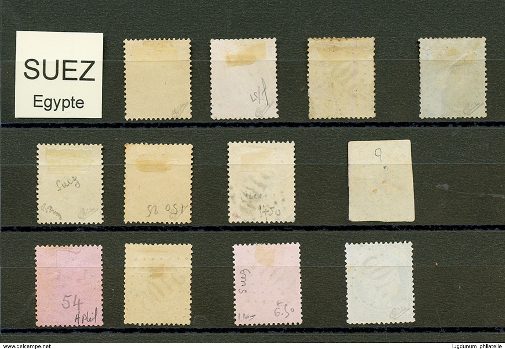 SUEZ : GC 5105 Sur 12 Timbres (n°21, 23, 24, 28, 29, 31, 38, 46, 54, 56, 57, 60). 6 Certificats CALVES. TB, /B Ou Pd. - Altri & Non Classificati