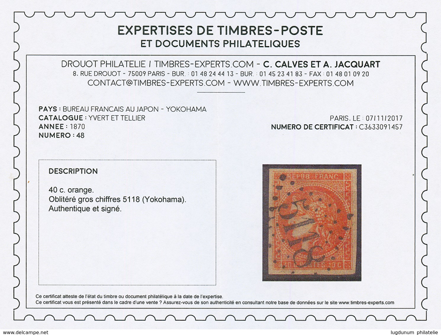 YOKOHAMA : 40c BORDEAUX (n°48) Obl. GC 5118. Certificat CALVES. Superbe. - Andere & Zonder Classificatie