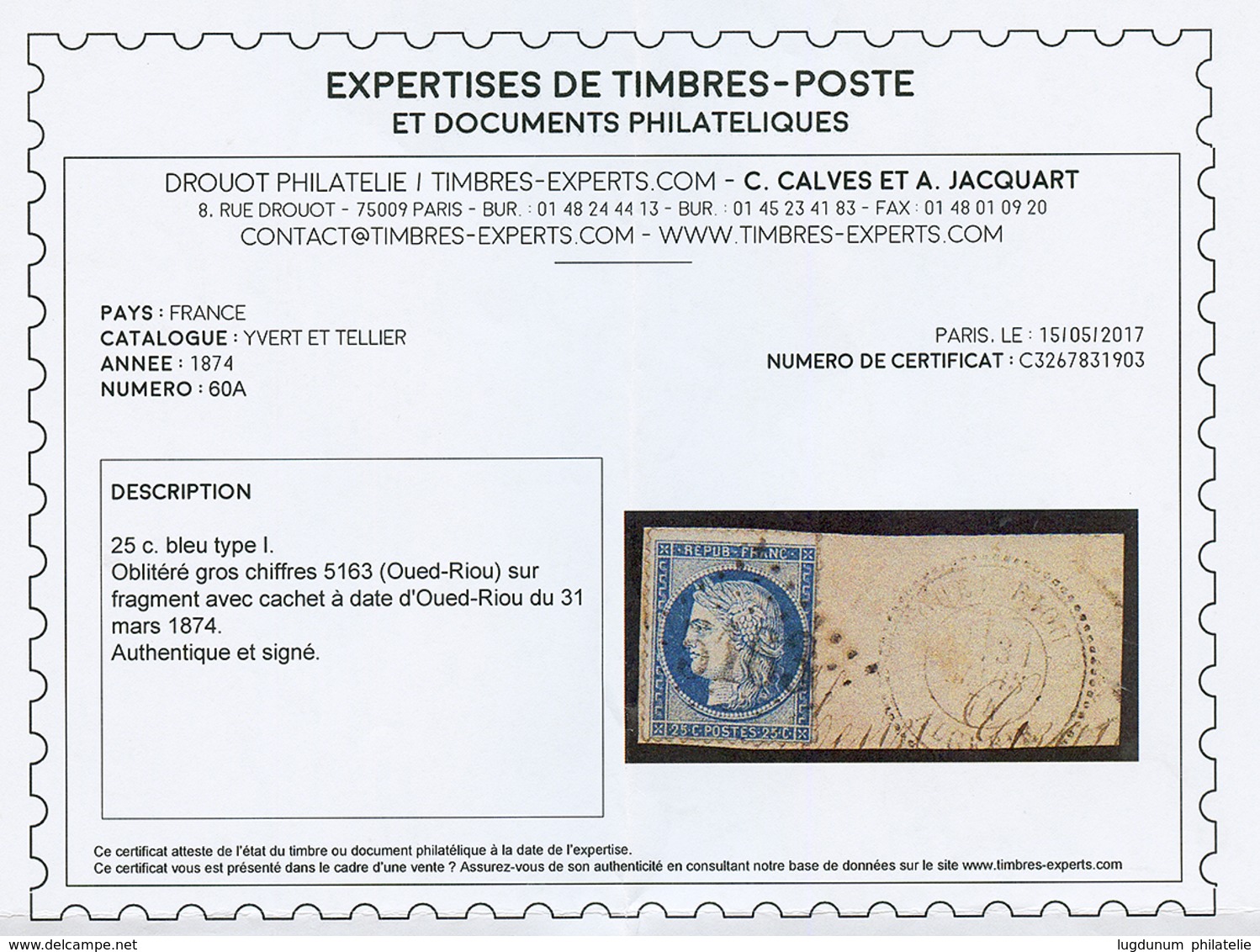 OUED-RIOU : 25c CERES(n°60) Obl. GC 5163 Sur Fragment. Certificat CALVES. RARE. TTB. - Andere & Zonder Classificatie