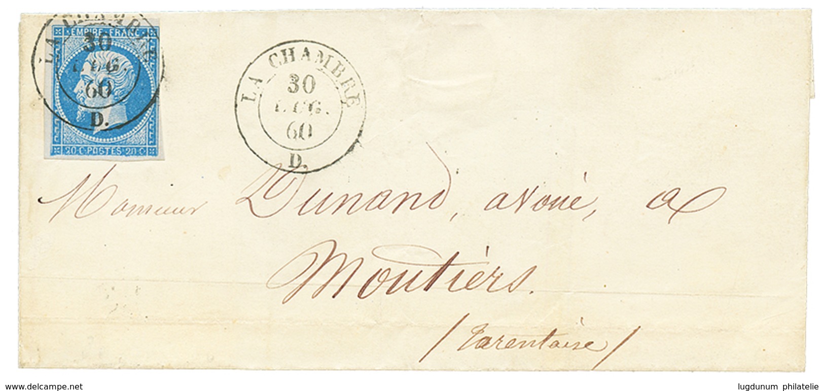 1860 FRANCE 20c(n°14) Obl. Cachet Sarde LA CHAMBRE Sur Lettre Pour MOUTIERS. Trés Rare. Superbe. - 1849-1876: Klassik