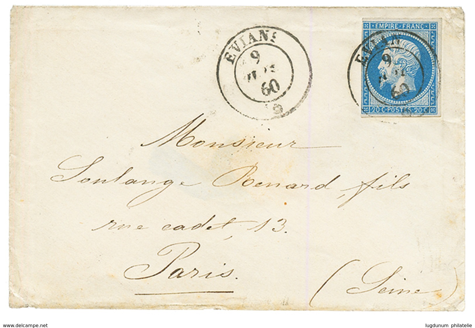 1860 FRANCE 20c(n°14) Obl. Cachet Sarde EVIAN Sur Enveloppe Pour PARIS. TB. - 1849-1876: Période Classique