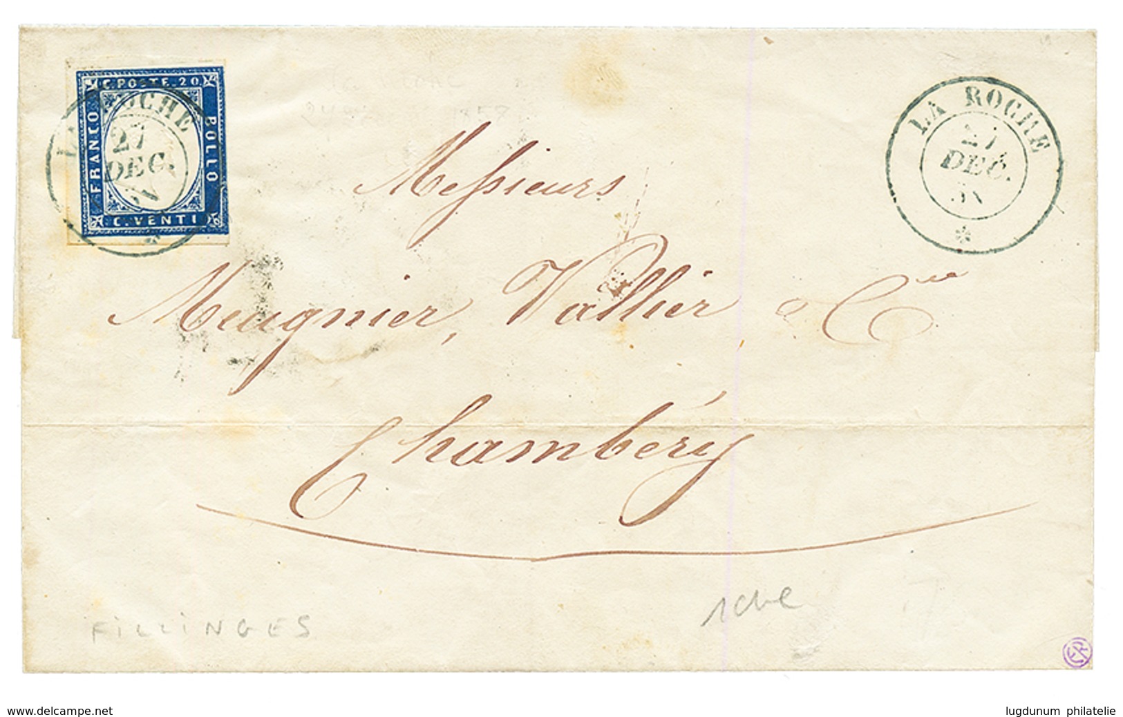 1858 ITALIE 20c(pd) Obl. Cachet Sarde LA ROCHE Sur Lettre Ss Texte Datée "FILLINGUES". RARE. TB. - 1849-1876: Periodo Classico