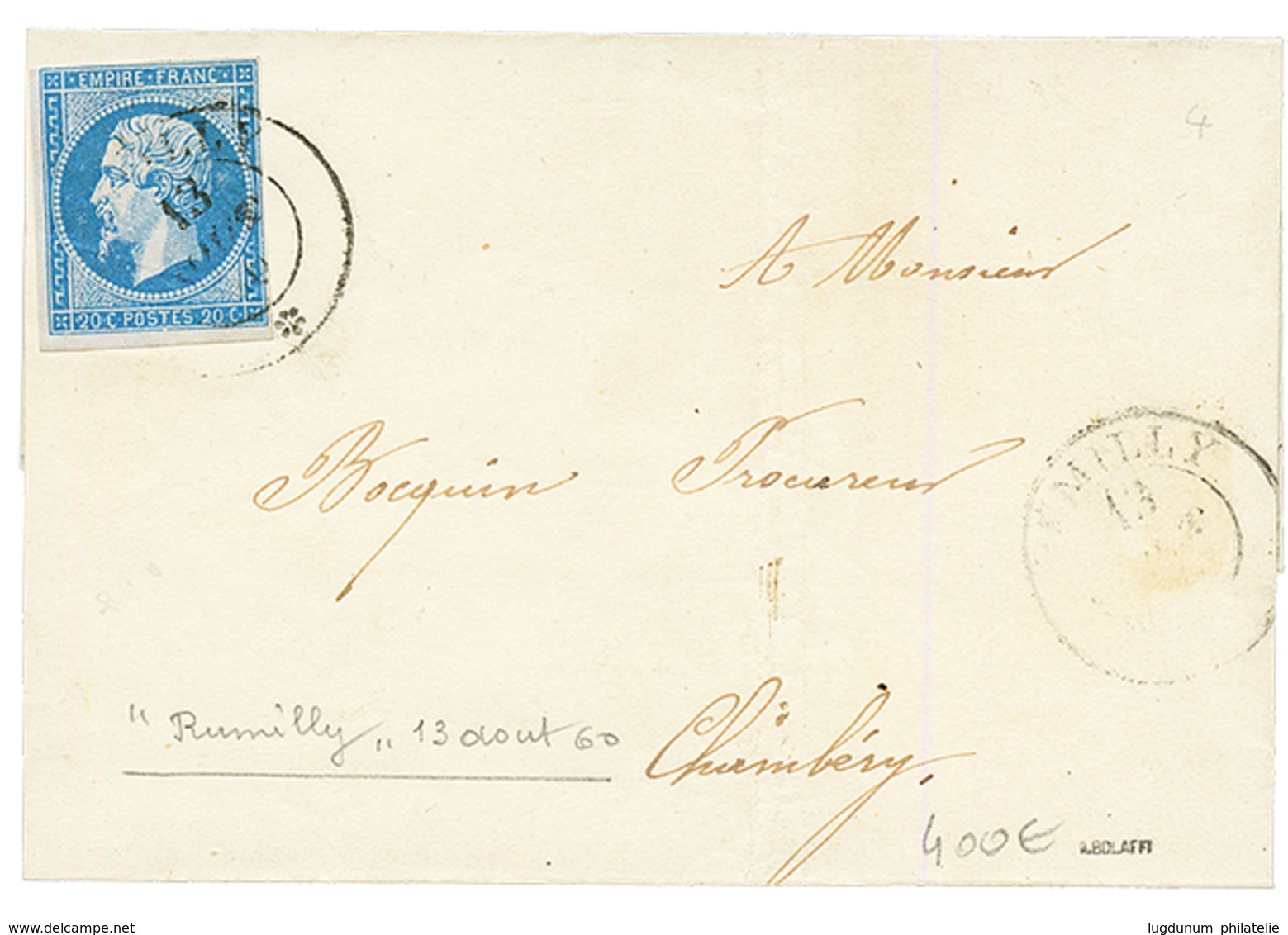 FRANCE 20c(n°14) Pd Obl. Cachet Sarde RUMILLY Sur Lettre Pour CHAMBERY. Signé BOLAFFI. TB. - 1849-1876: Klassik