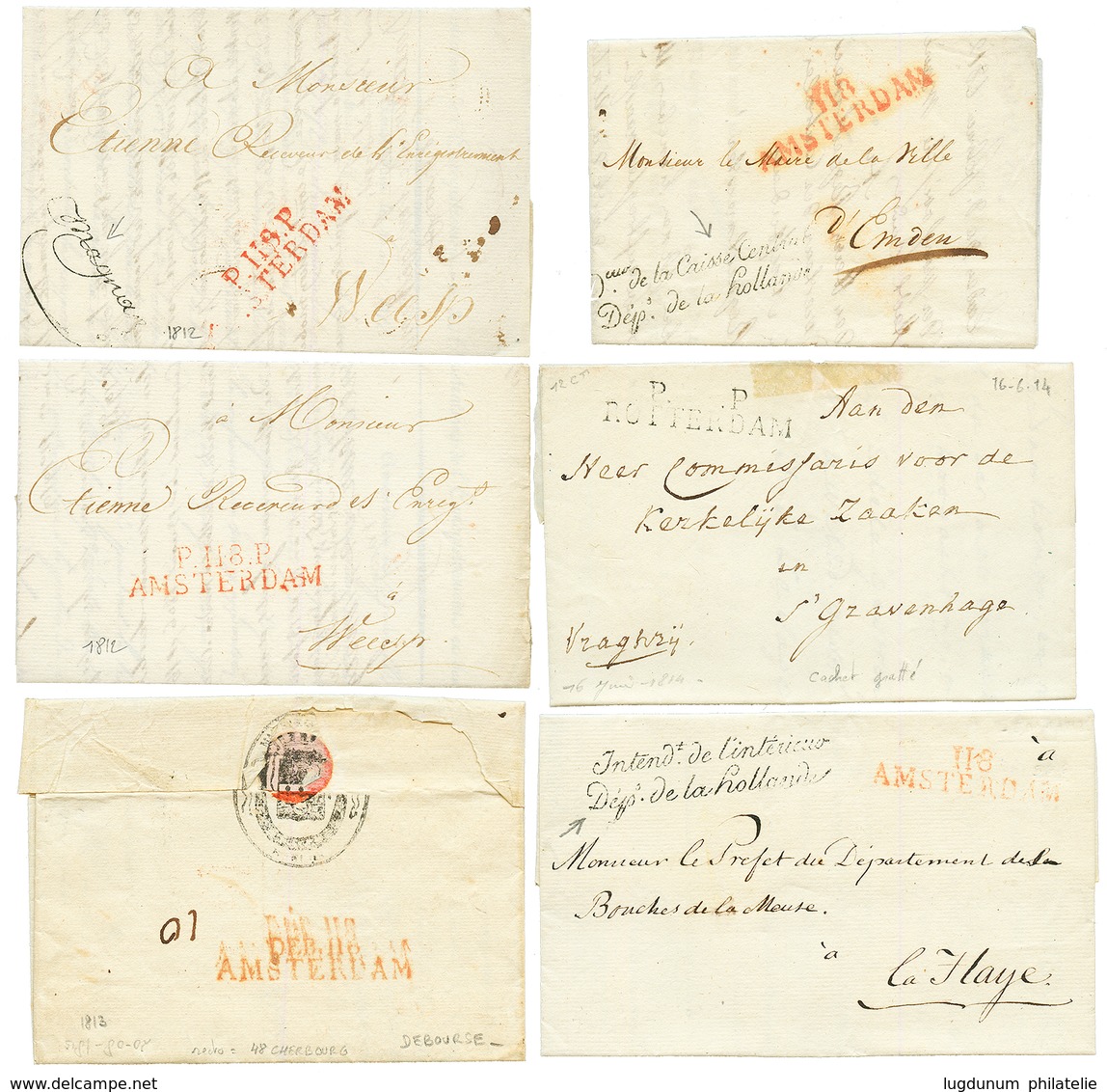 6 Lettres Avec Texte Datés : DEB. 118 AMSTERDAM + 48 CHERBOURG , P.118.P AMSTERDAM(x2), P.P ROTTERDAM (gratté), FRANCHIS - 1792-1815: Dipartimenti Conquistati