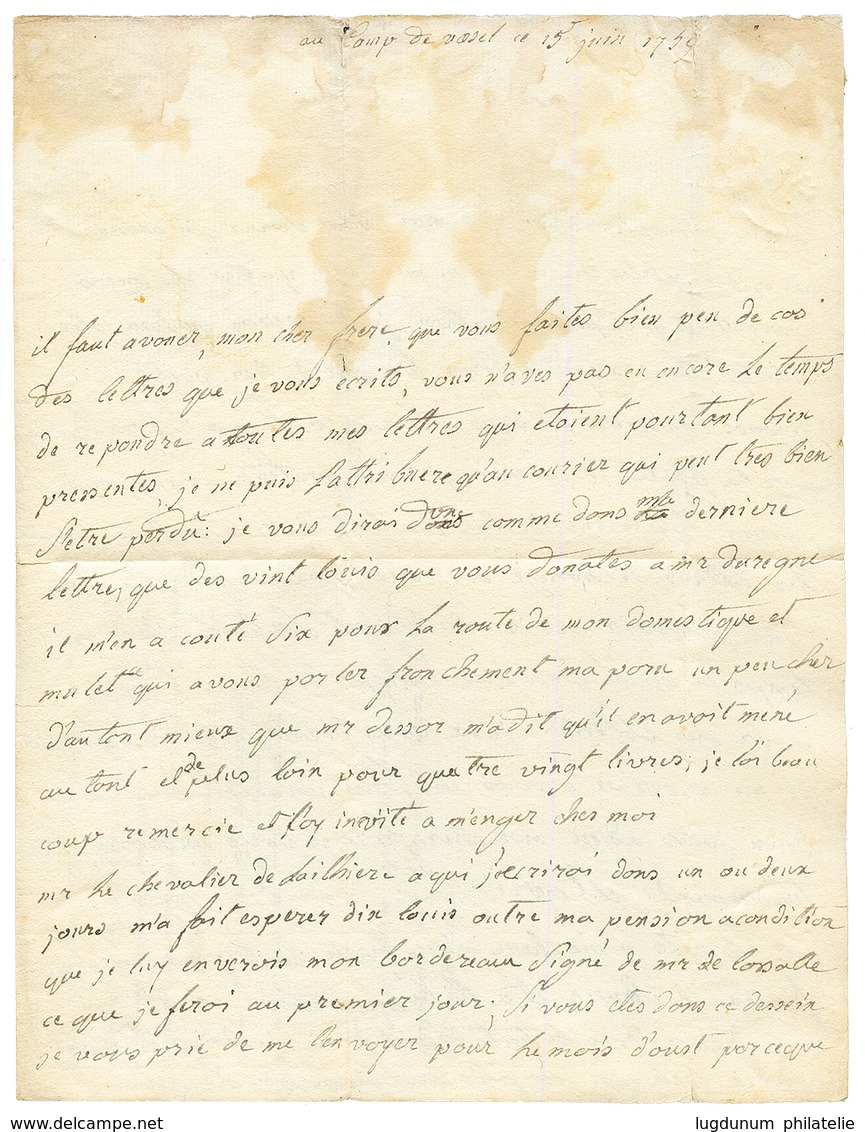 1759 Marque Trés Rare RESERVE DE DARMANTIERE Sur Lettre Avec Texte Daté "CAMP De VASEL" Pour TOULOUSE. Superbe PIECE D'  - Sellos De La Armada (antes De 1900)