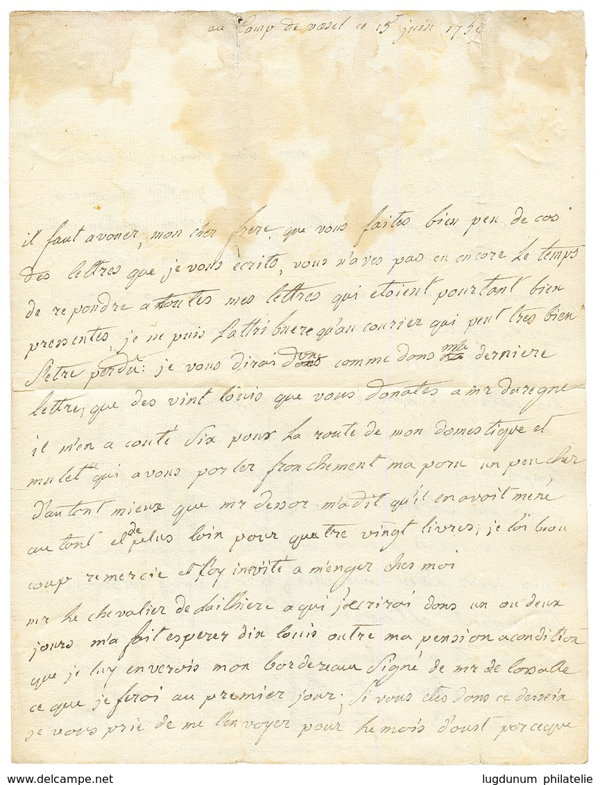 1759 Marque Trés Rare RESERVE DE DARMANTIERE Sur Lettre Avec Texte Daté "CAMP De VASEL" Pour TOULOUSE. Superbe PIECE D'  - Legerstempels (voor 1900)