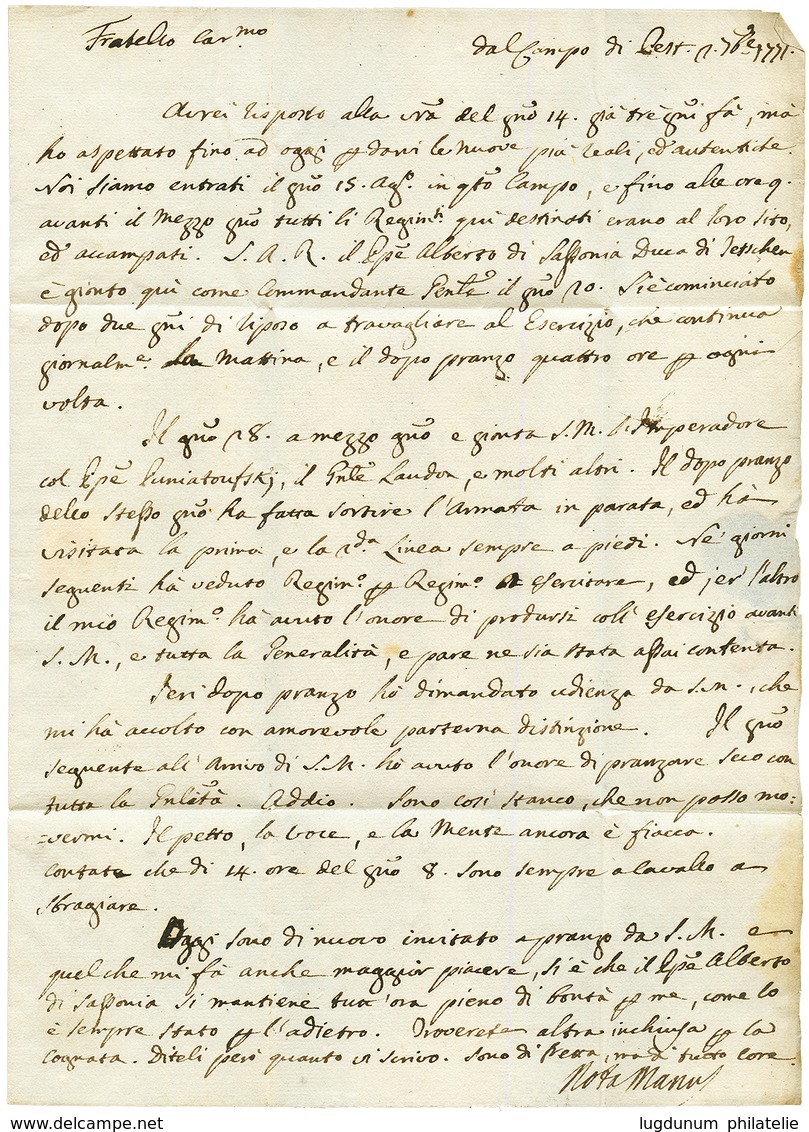 "CAMP De PEST (HONGRIE)" : 1771 "Du CAMP De PEST Manuscrit+ "P. VIENNE" Sur Lettre Avec Texte Daté "CAMPO DI PEST" Pour  - Marques D'armée (avant 1900)