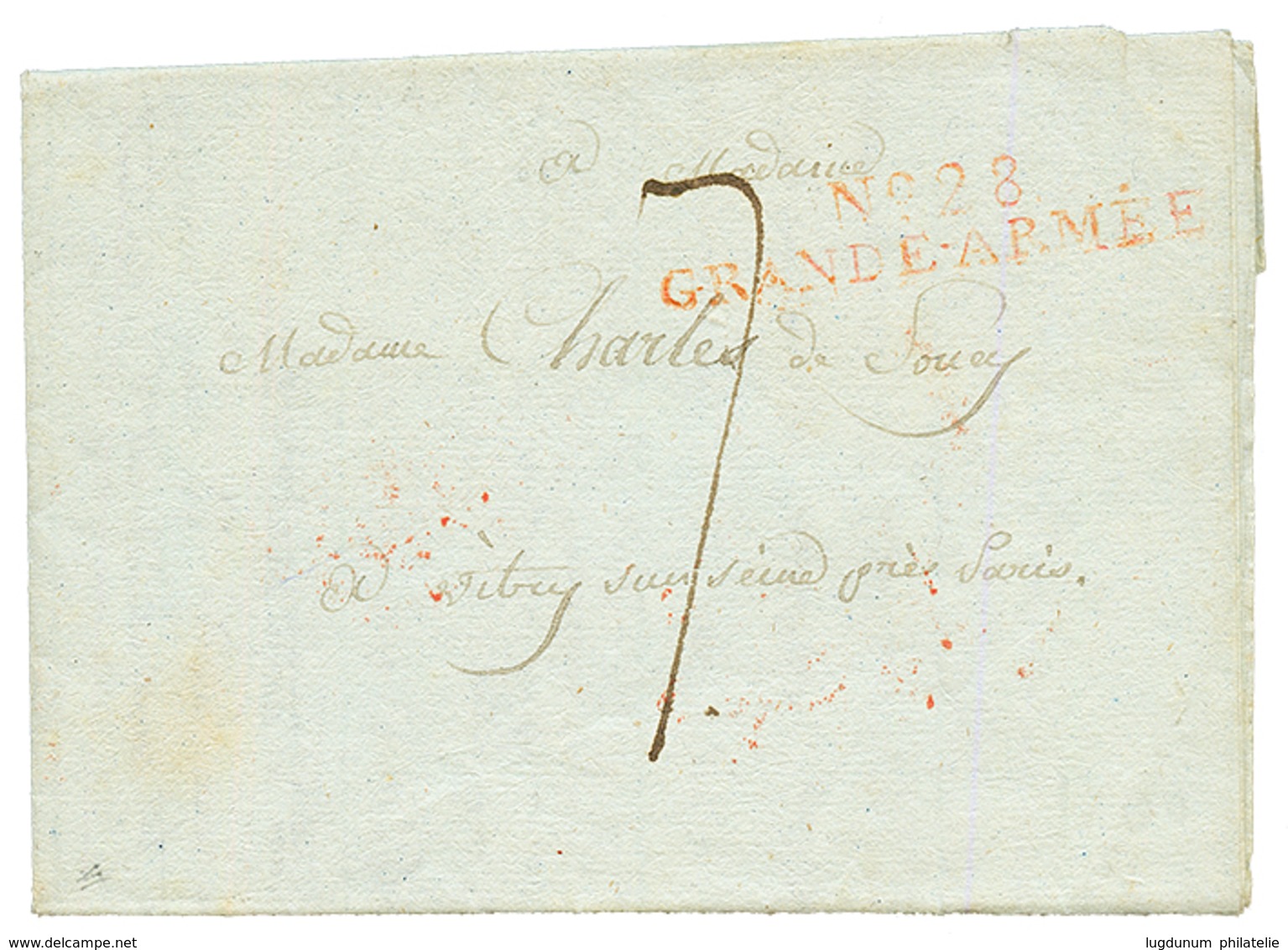 1806 N°28 GRANDE ARMEE Rouge Sur Lettre Avec Texte (3 Pages) Daté AMBERG (BAVARIA) Pour La FRANCE. TB Texte "La PAIX éta - Legerstempels (voor 1900)