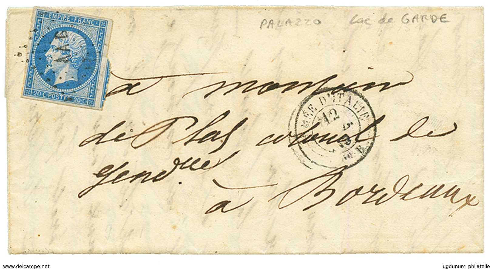 "PALAZZO" : 1859 20c(n°14) TB Margé Obl. AAB + ARMEE D' ITALIE Bau B Sur Lettre Avec Texte Daté "PALAZZO DE LACCO, SSur  - Sellos De La Armada (antes De 1900)