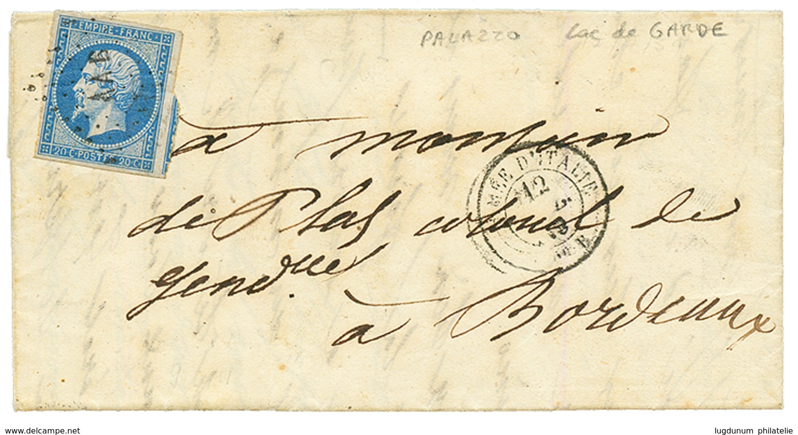 "PALAZZO" : 1859 20c(n°14) TB Margé Obl. AAB + ARMEE D' ITALIE Bau B Sur Lettre Avec Texte Daté "PALAZZO DE LACCO, SSur  - Legerstempels (voor 1900)