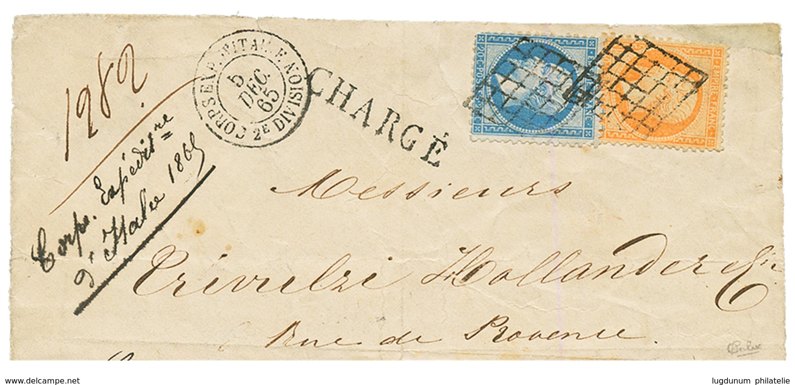20c(n°22) + 40c(n°23) Obl. GRILLE + CORPS EXP. D'ITALIE 2e DIVISION + CHARGE Sur DEVANT De Lettre. GRANDE CRARETE En CHA - Army Postmarks (before 1900)