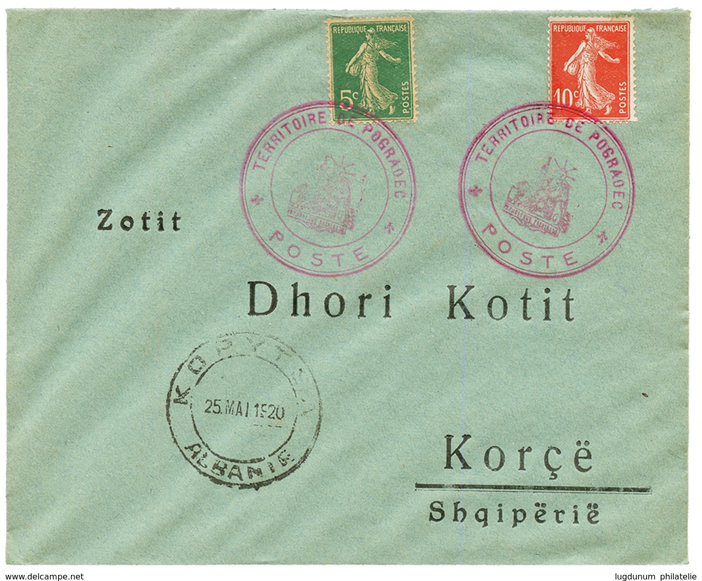 ALBANIA : 1920 SEMEUSE 5c + 10c Obl. TERRITOIRE DE POGRADEC Sur Env. Pour KORCE (ALBANIE). Superbe. - Armeestempel (vor 1900)